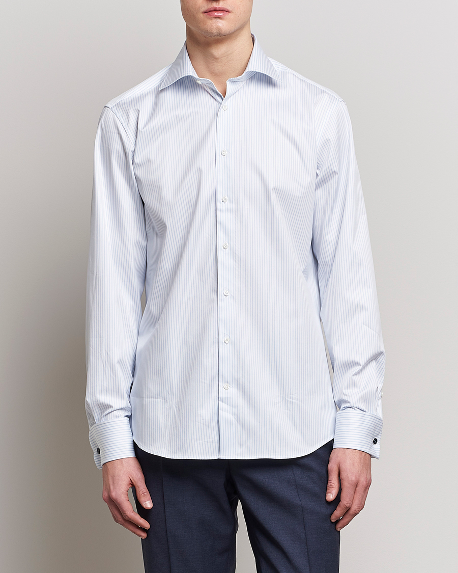 Herren | Formelle Hemden | Stenströms | Fitted Body Cotton Double Cuff Shirt White/Blue