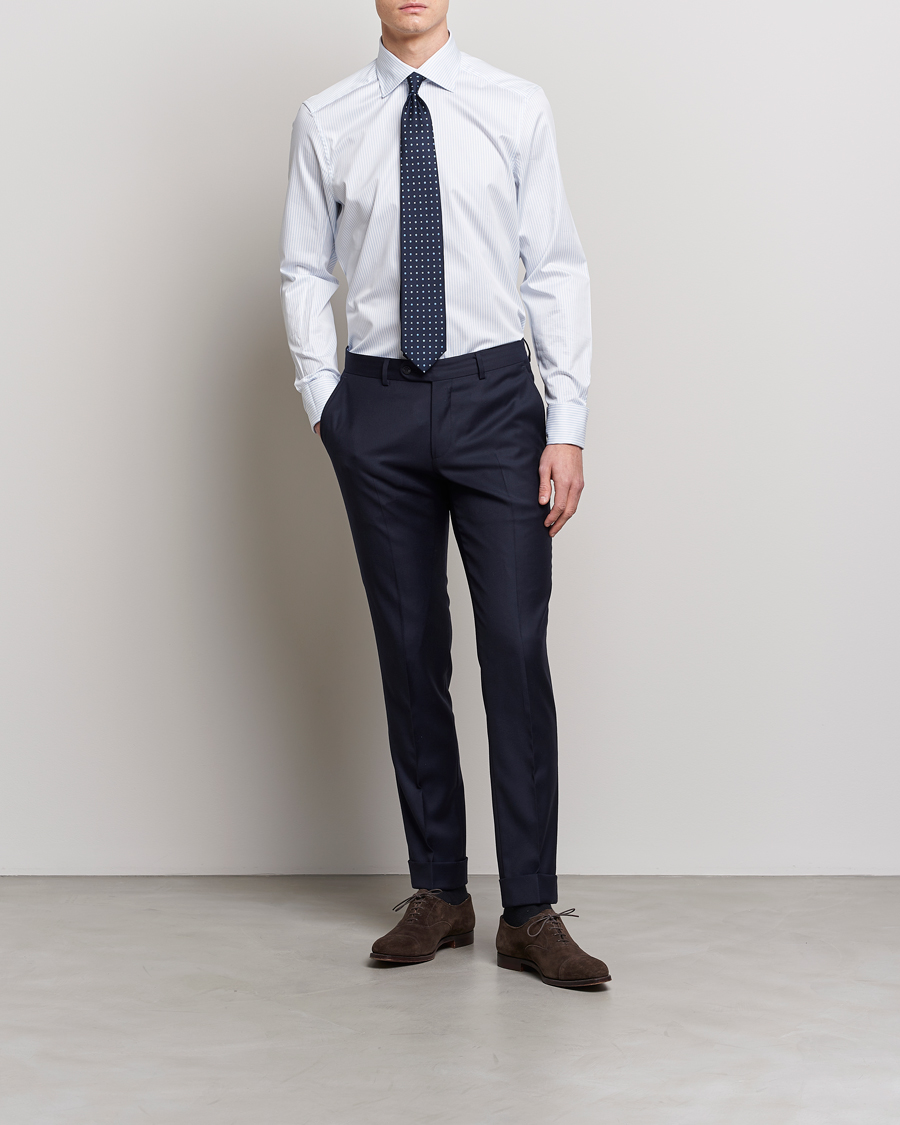Men |  | Stenströms | Slimline Cotton Double Cuff Shirt White/Blue