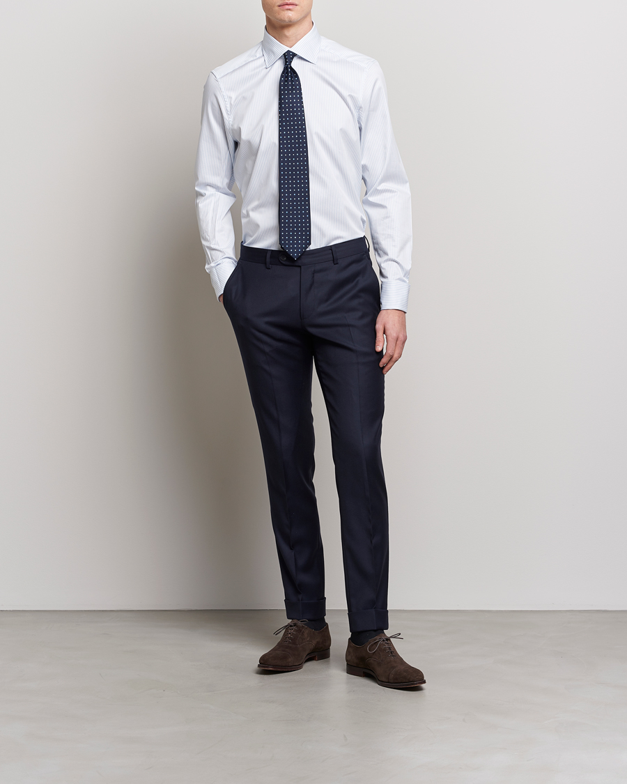 Herren | Hemden | Stenströms | Slimline Cotton Double Cuff Shirt White/Blue