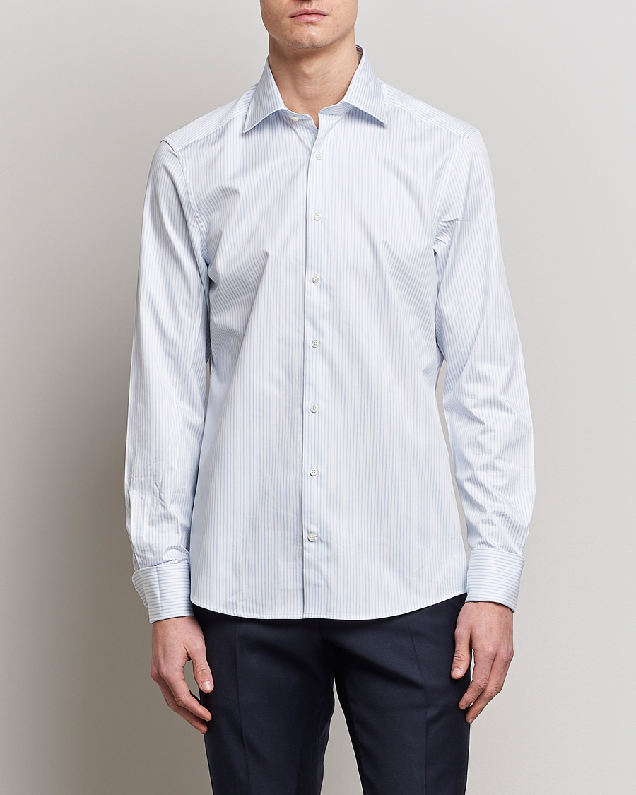 Herren |  | Stenströms | Slimline Cotton Double Cuff Shirt White/Blue