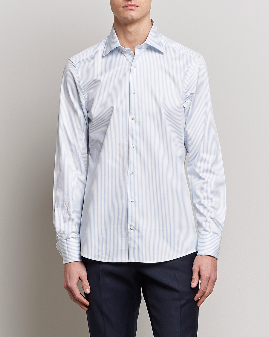 Herren | Formelle Hemden | Stenströms | Slimline Cotton Double Cuff Shirt White/Blue