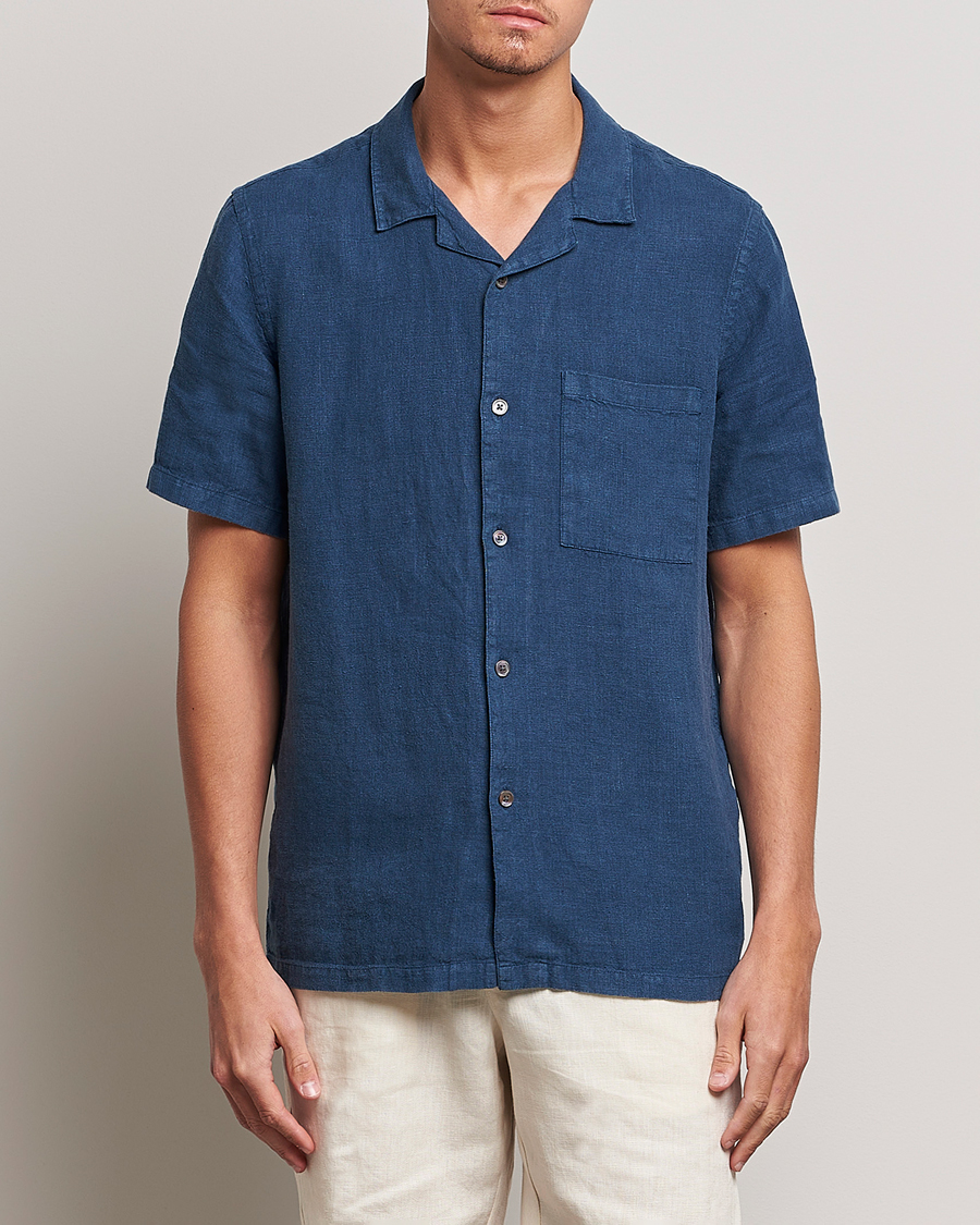 Herren | | A Day's March | Yamu Short Sleeve Linen Shirt Indigo Blue