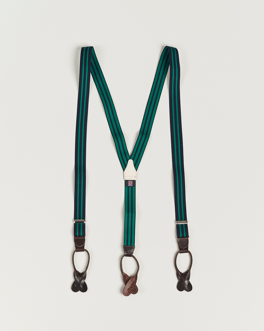 Herren | Hosenträger | Albert Thurston | Elastic Narrow Stripe Braces 25mm Navy/Green
