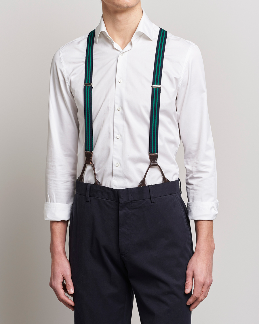 Herren | Albert Thurston Elastic Narrow Stripe Braces 25mm Navy/Green | Albert Thurston | Elastic Narrow Stripe Braces 25mm Navy/Green