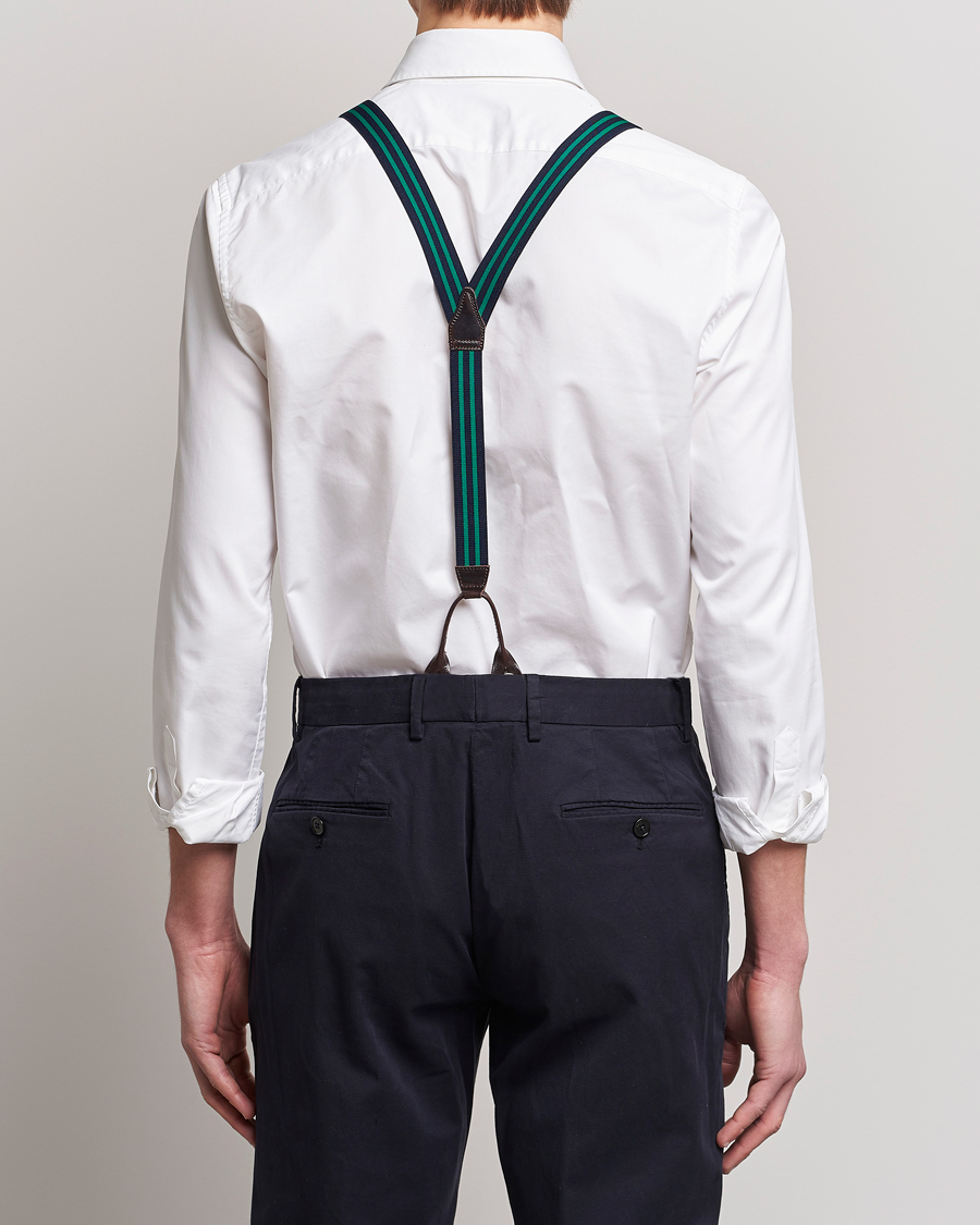 Herren | Hosenträger | Albert Thurston | Elastic Narrow Stripe Braces 25mm Navy/Green