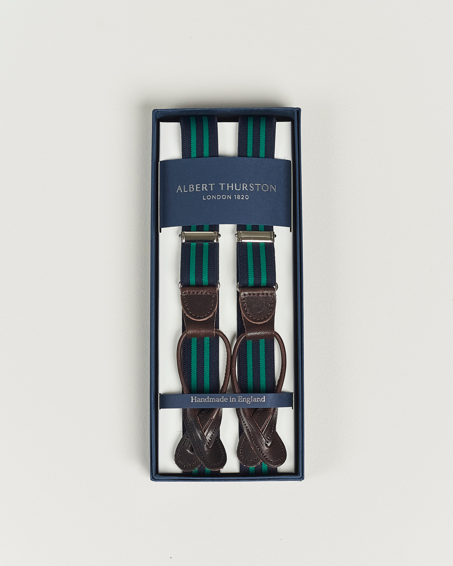 Herren | Hosenträger | Albert Thurston | Elastic Narrow Stripe Braces 25mm Navy/Green