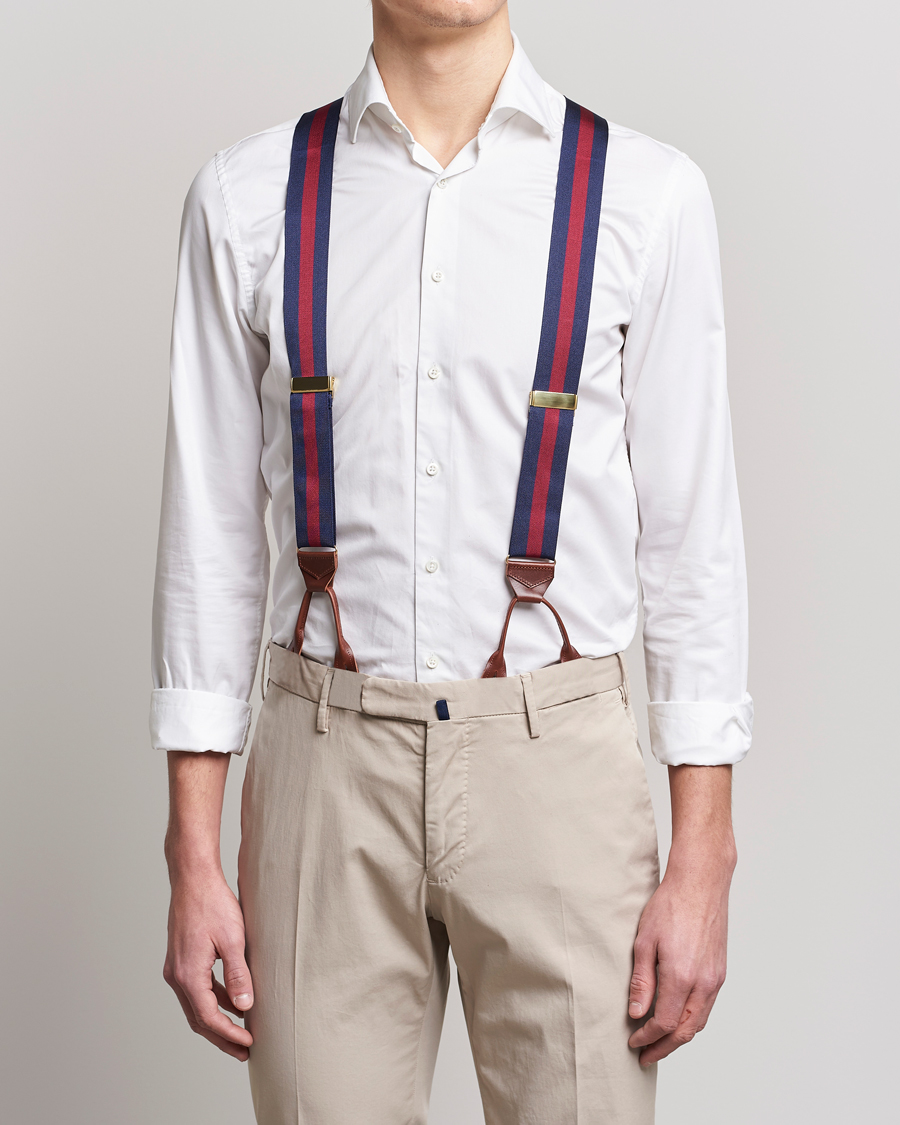Herren | Albert Thurston Elastic Wide Stripe Braces 40mm Navy/Wine | Albert Thurston | Elastic Wide Stripe Braces 40mm Navy/Wine