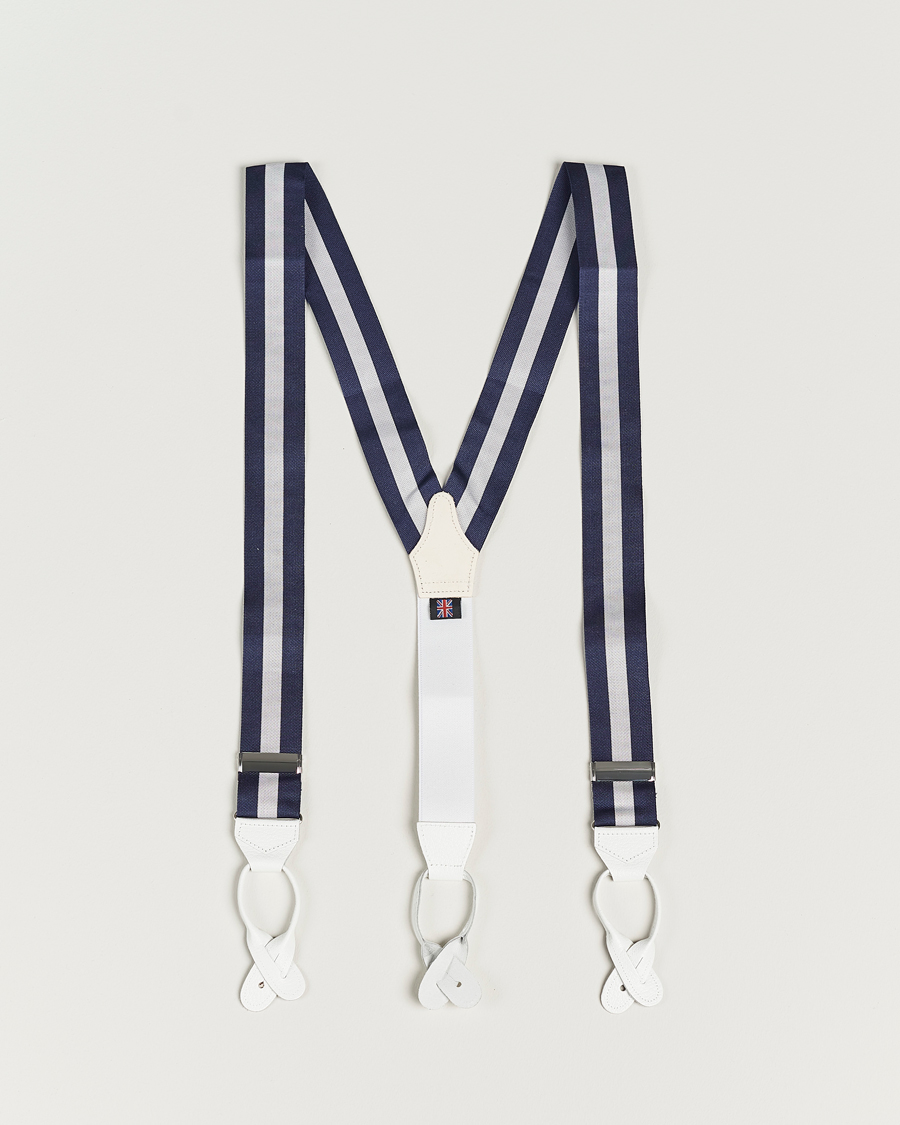 Herren | Albert Thurston Elastic Wide Stripe Braces 40mm Navy/White | Albert Thurston | Elastic Wide Stripe Braces 40mm Navy/White