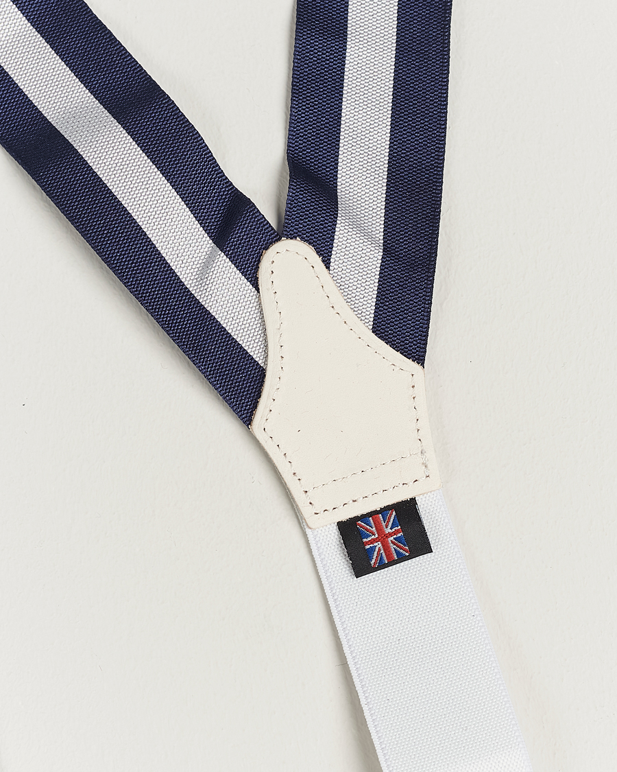 Herren | Albert Thurston Elastic Wide Stripe Braces 40mm Navy/White | Albert Thurston | Elastic Wide Stripe Braces 40mm Navy/White