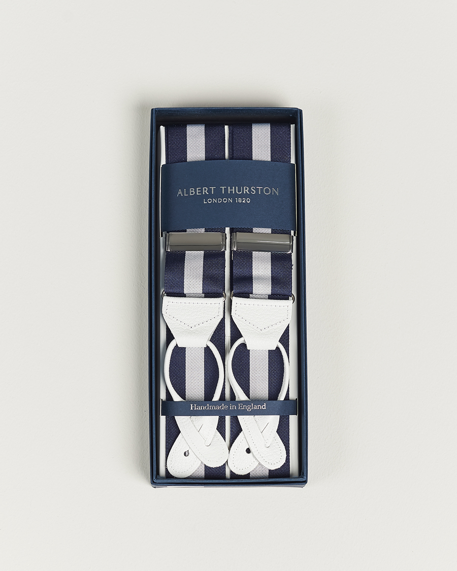 Herren | Albert Thurston Elastic Wide Stripe Braces 40mm Navy/White | Albert Thurston | Elastic Wide Stripe Braces 40mm Navy/White