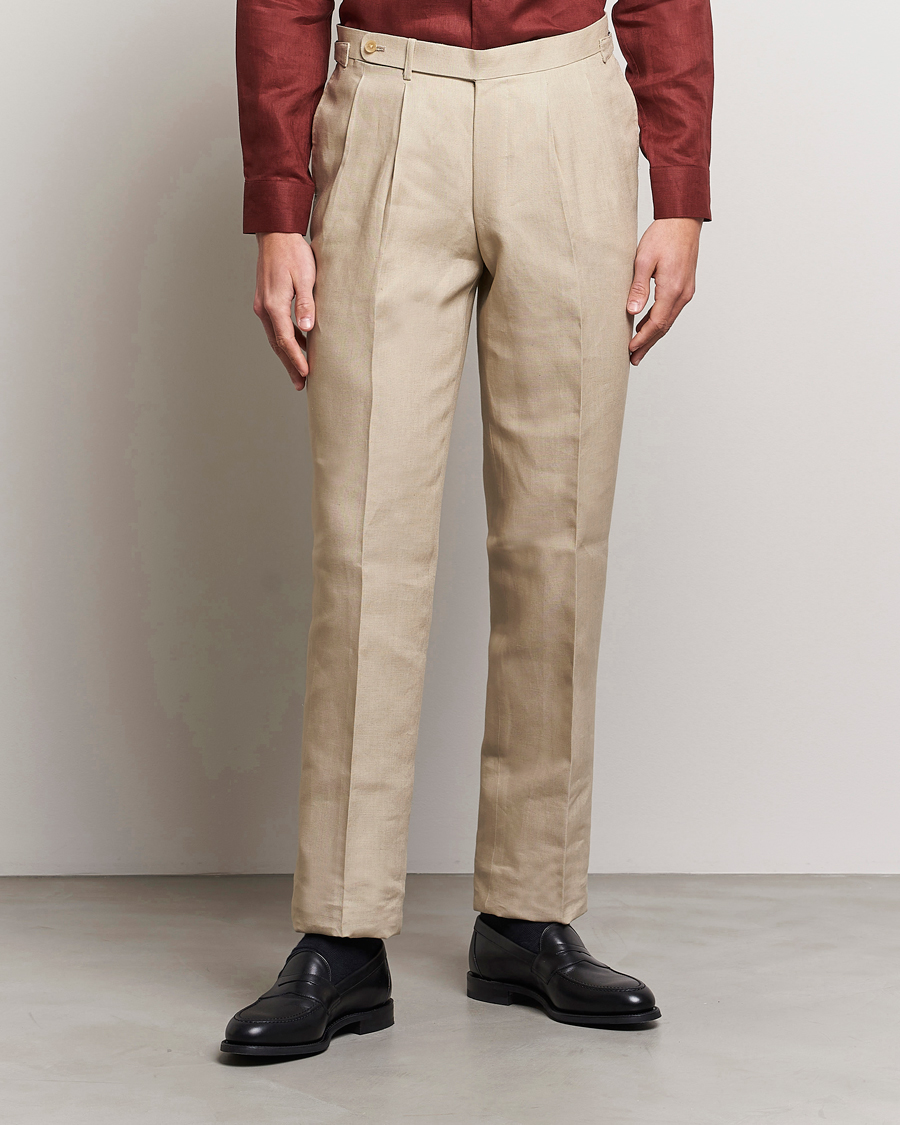Herren |  | Beams F | Pleated Linen Trousers Beige
