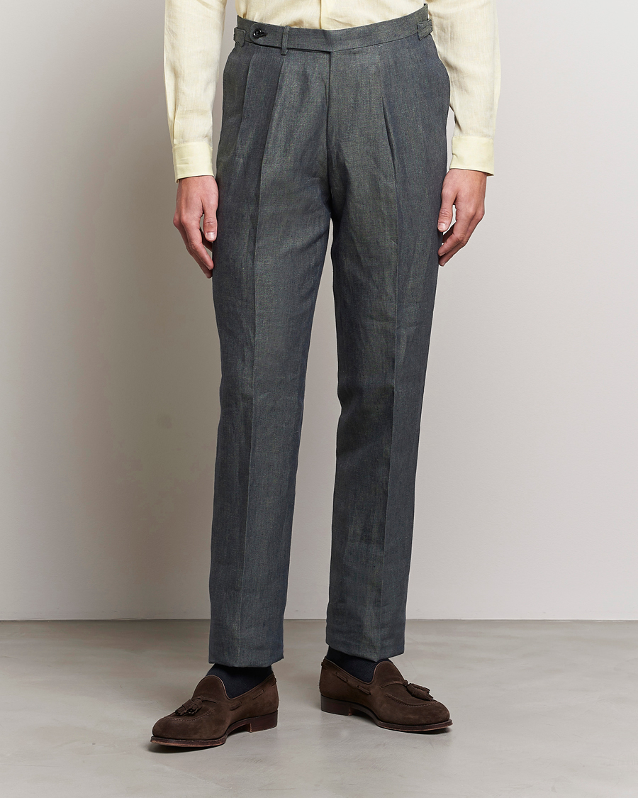 Herren | Beams F | Beams F | Pleated Linen Trousers Petroleum Blue