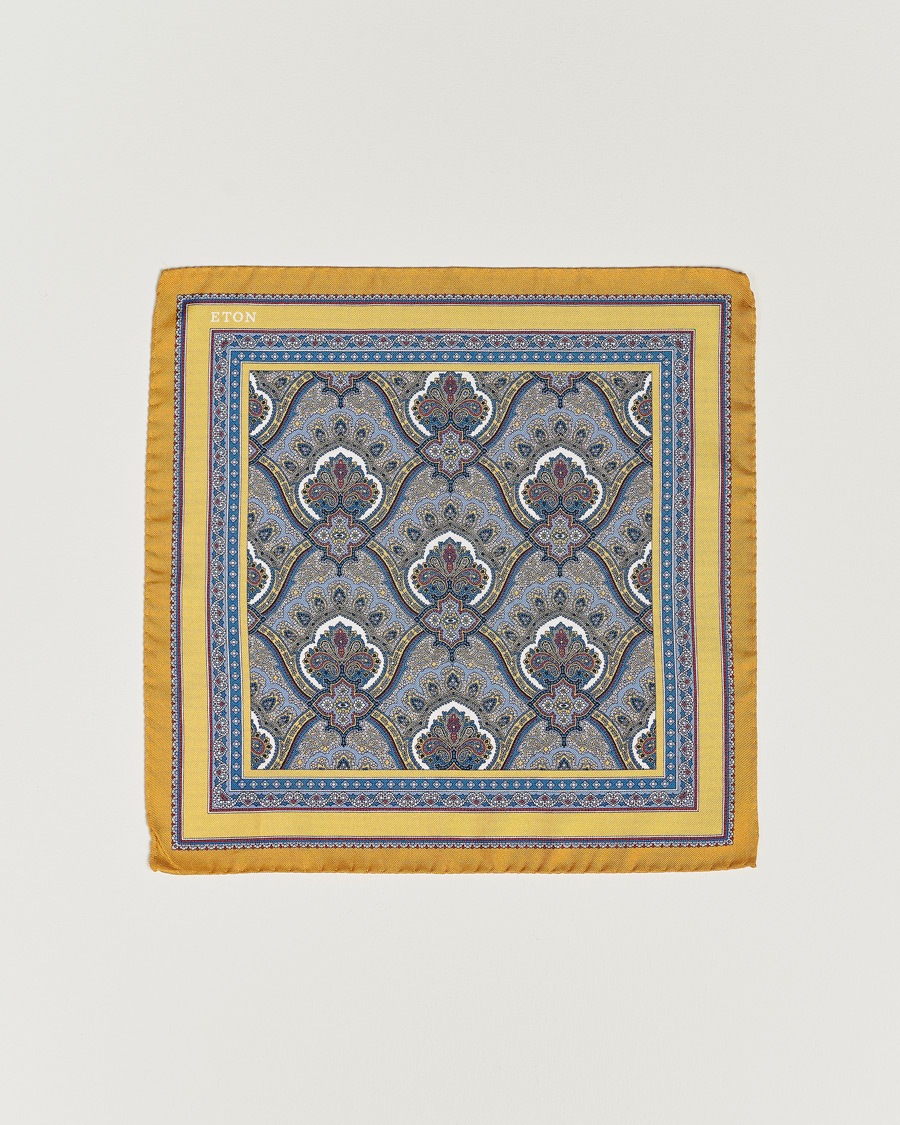 Herren | Eton Silk Paisley Print Pocket Square Yellow | Eton | Silk Paisley Print Pocket Square Yellow