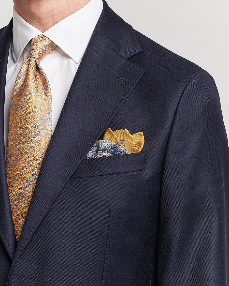 Herren | Eton Silk Paisley Print Pocket Square Yellow | Eton | Silk Paisley Print Pocket Square Yellow