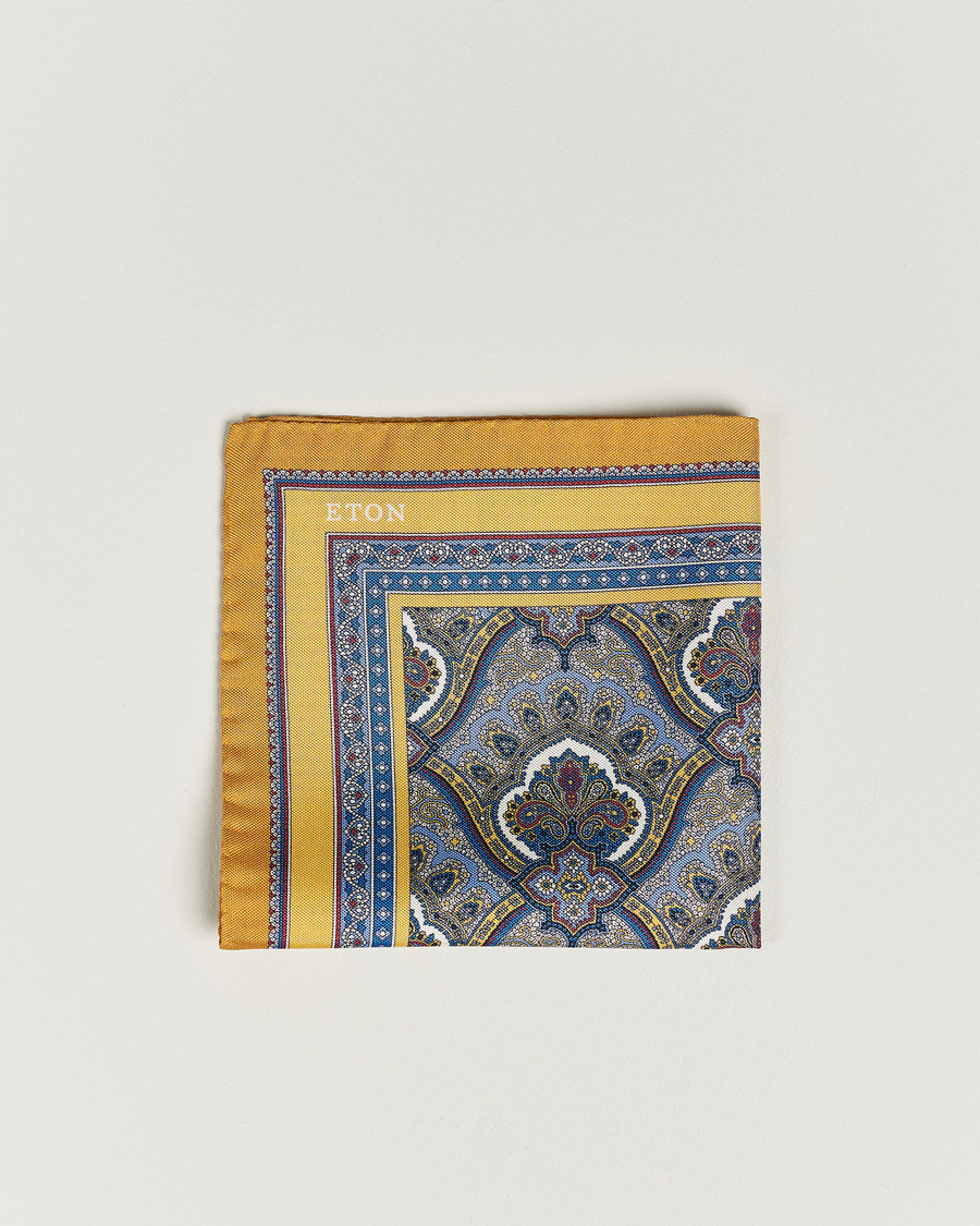 Herren | Eton Silk Paisley Print Pocket Square Yellow | Eton | Silk Paisley Print Pocket Square Yellow