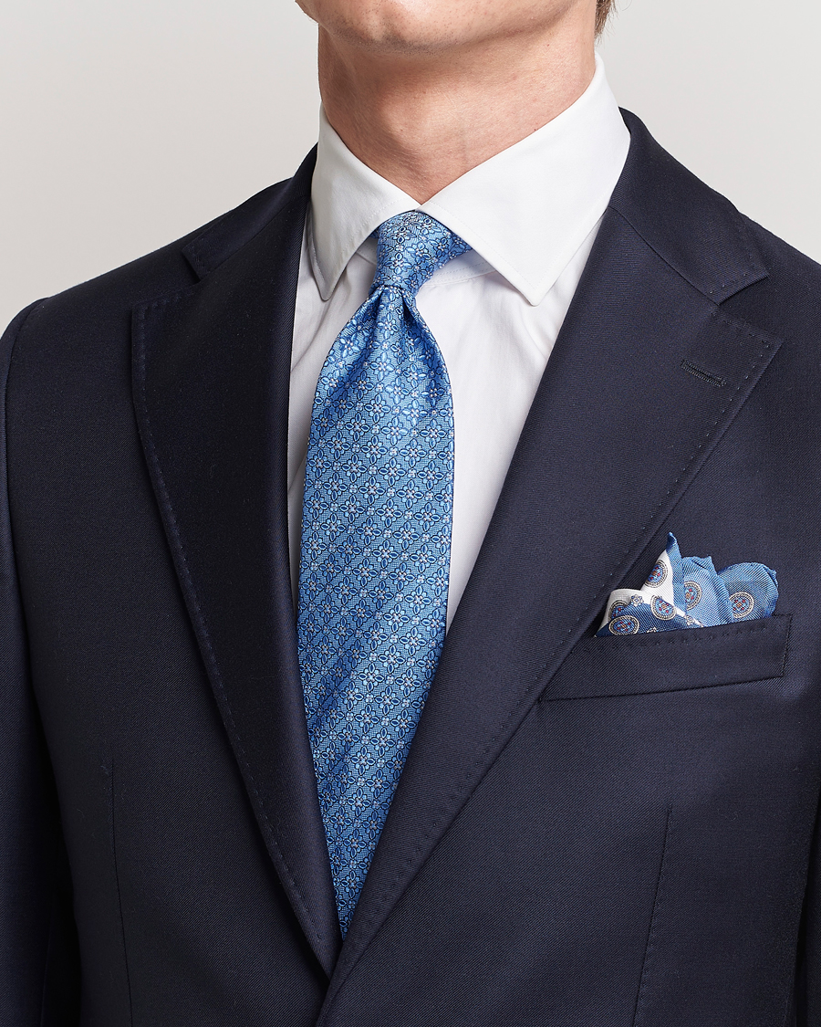 Herren | Eton Silk Printed Flower Tie Blue | Eton | Silk Printed Flower Tie Blue