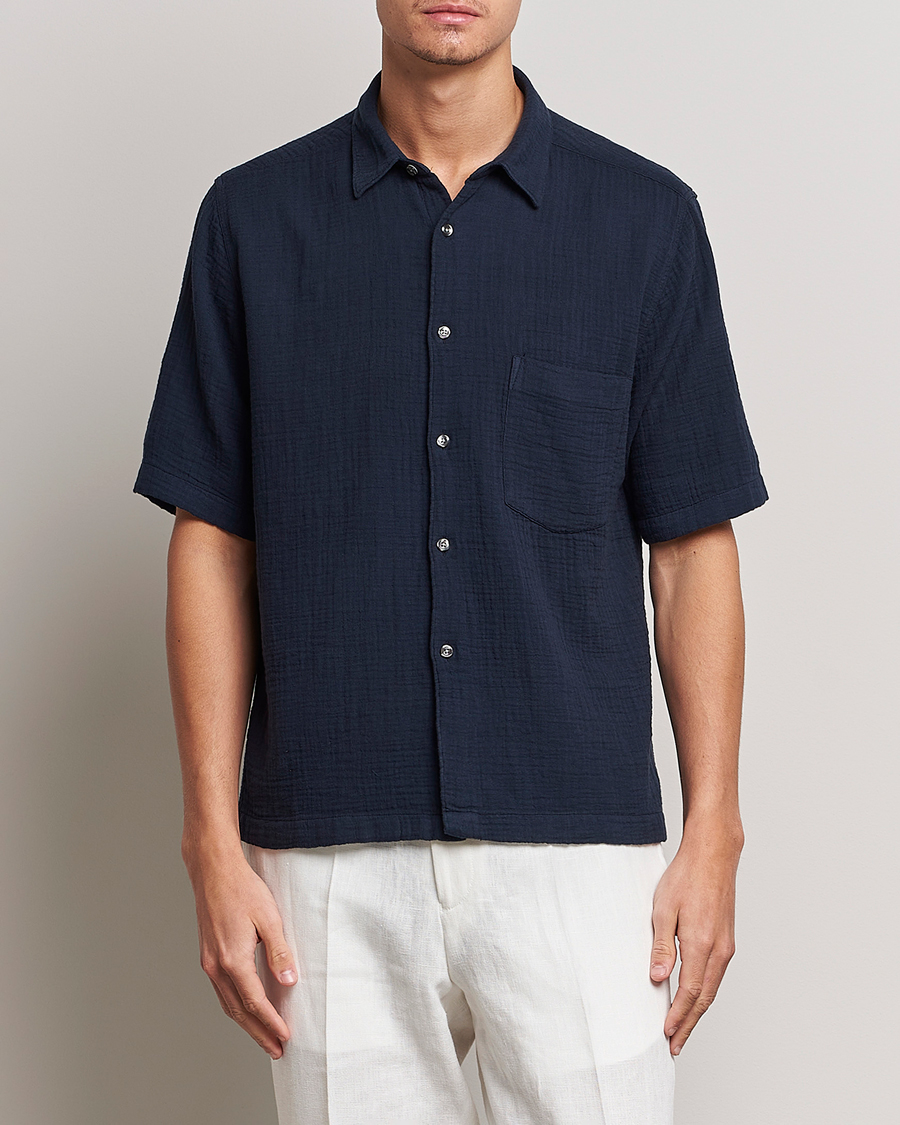 Herren | Oscar Jacobson | Oscar Jacobson | Short Sleeve City Crepe Cotton Shirt Navy