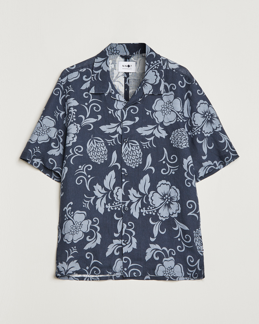 Herren | Hemden | NN07 | Ole Short Sleeve Printed Linen Shirt Navy