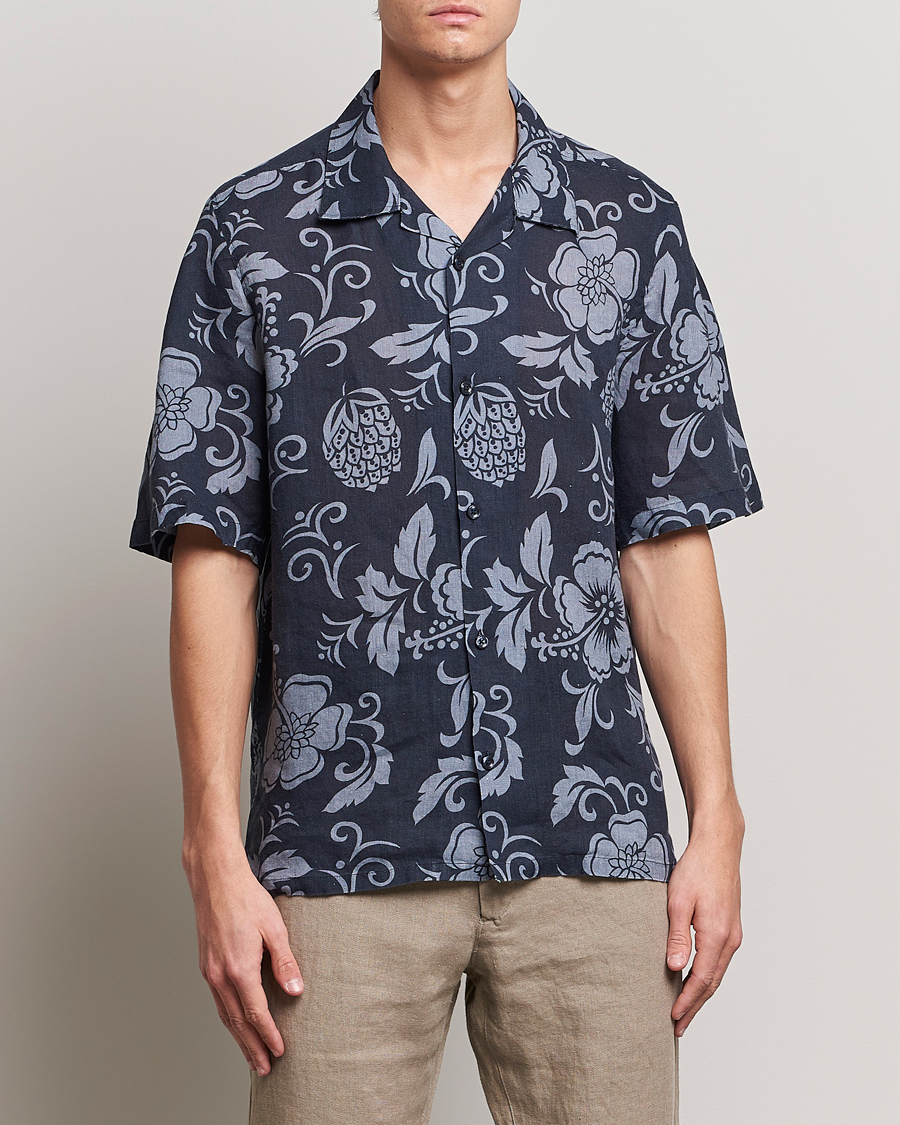 Herren |  | NN07 | Ole Short Sleeve Printed Linen Shirt Navy