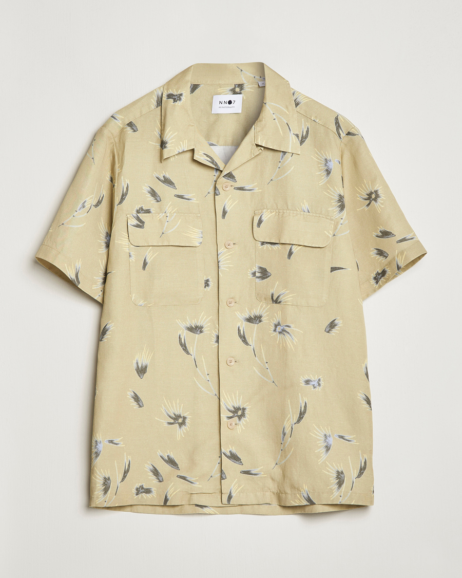Herren | Hemden | NN07 | Daniel Short Sleeve Tencel/Linen Printed Shirt Pale Olive