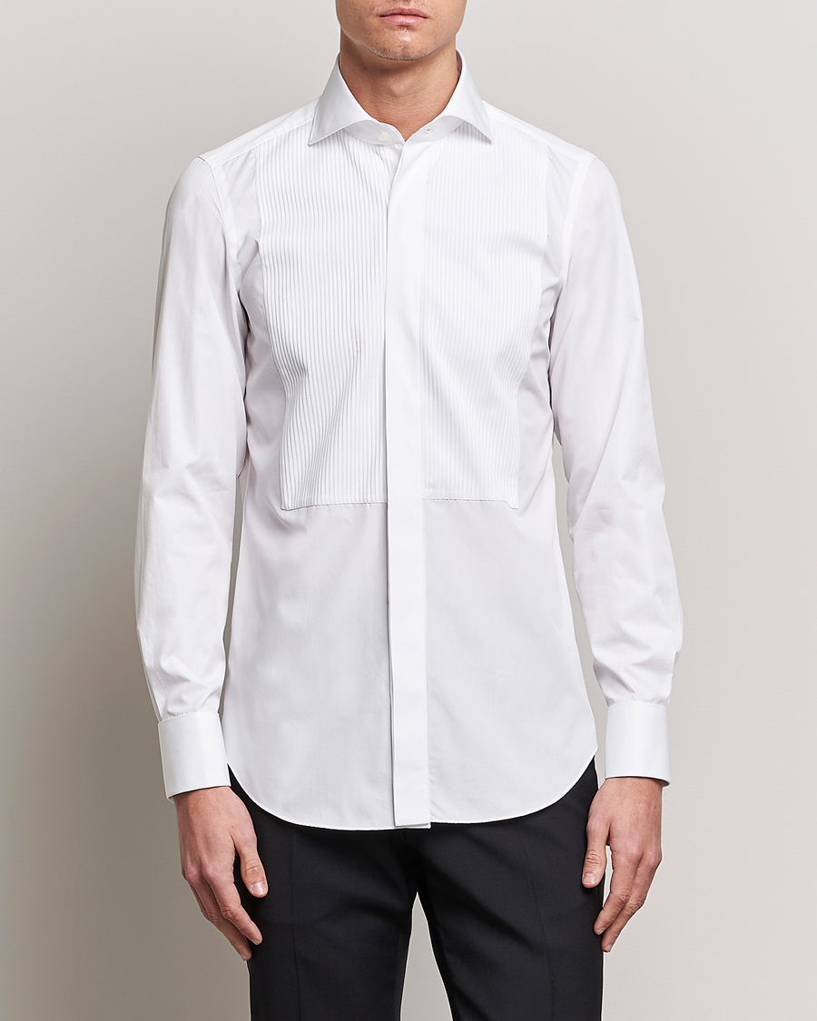 Herren | Italian Department | Finamore Napoli | Milano Slim Plisse Smoking Shirt White