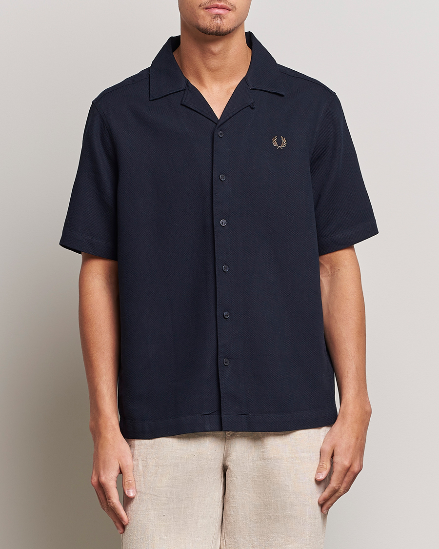 Herren |  | Fred Perry | Woven Pique Short Sleeve Linen Shirt Navy