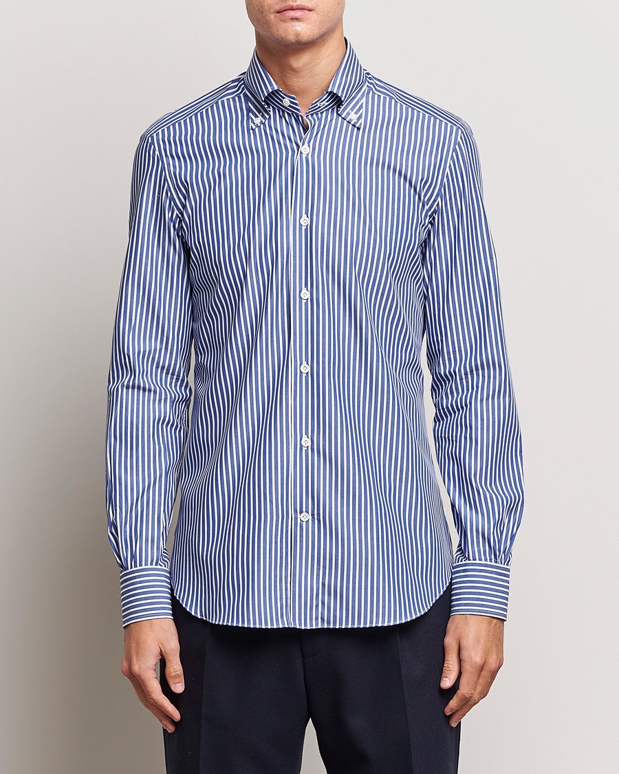 Herren |  | Mazzarelli | Soft Button Down Striped Shirt Dark Blue