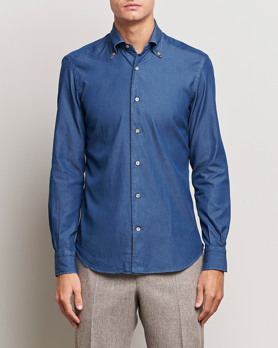 Herren |  | Mazzarelli | Soft Button Down Denim Shirt Blue Wash
