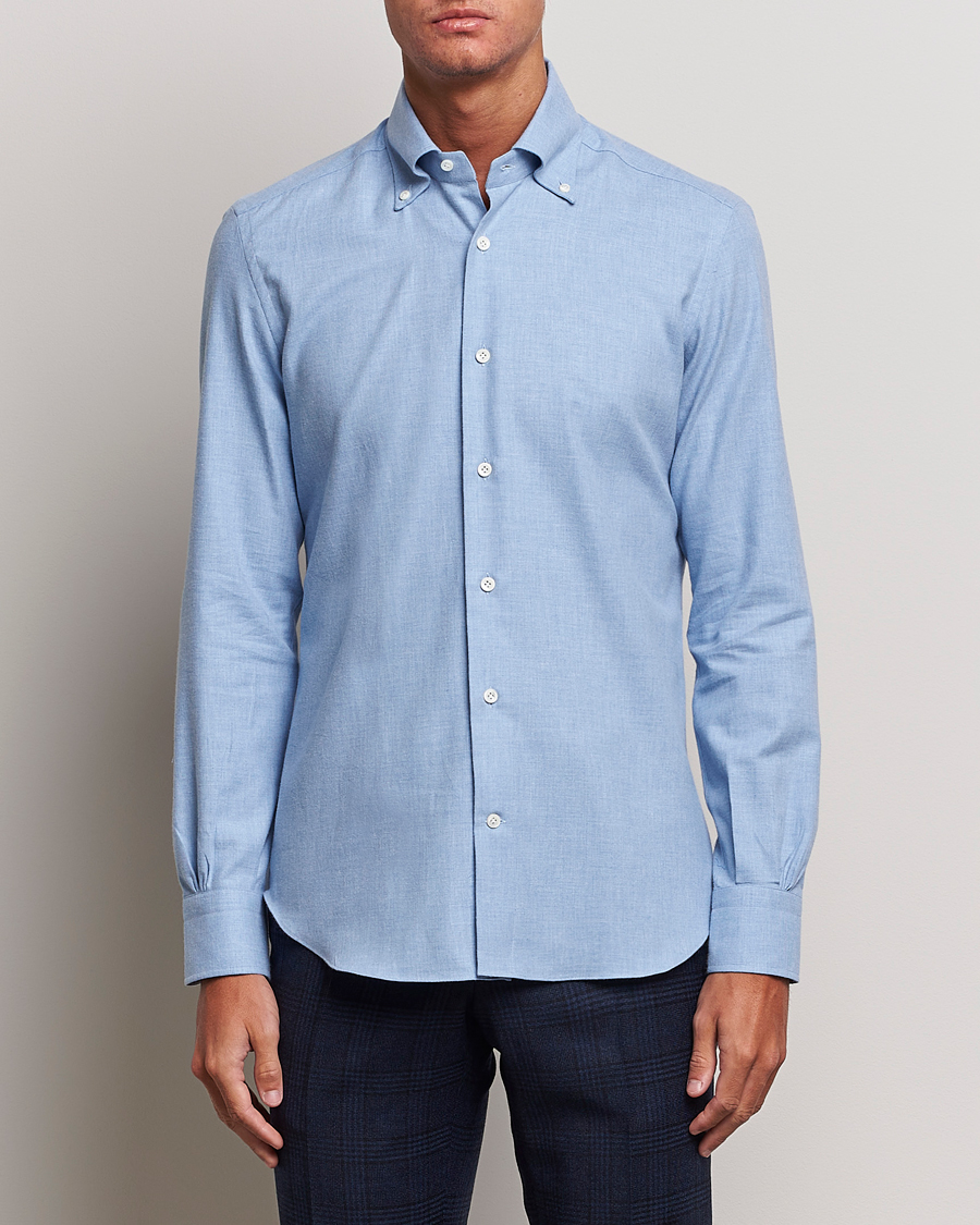 Herren | Hemden | Mazzarelli | Soft Button Down Flannel Shirt Light Blue