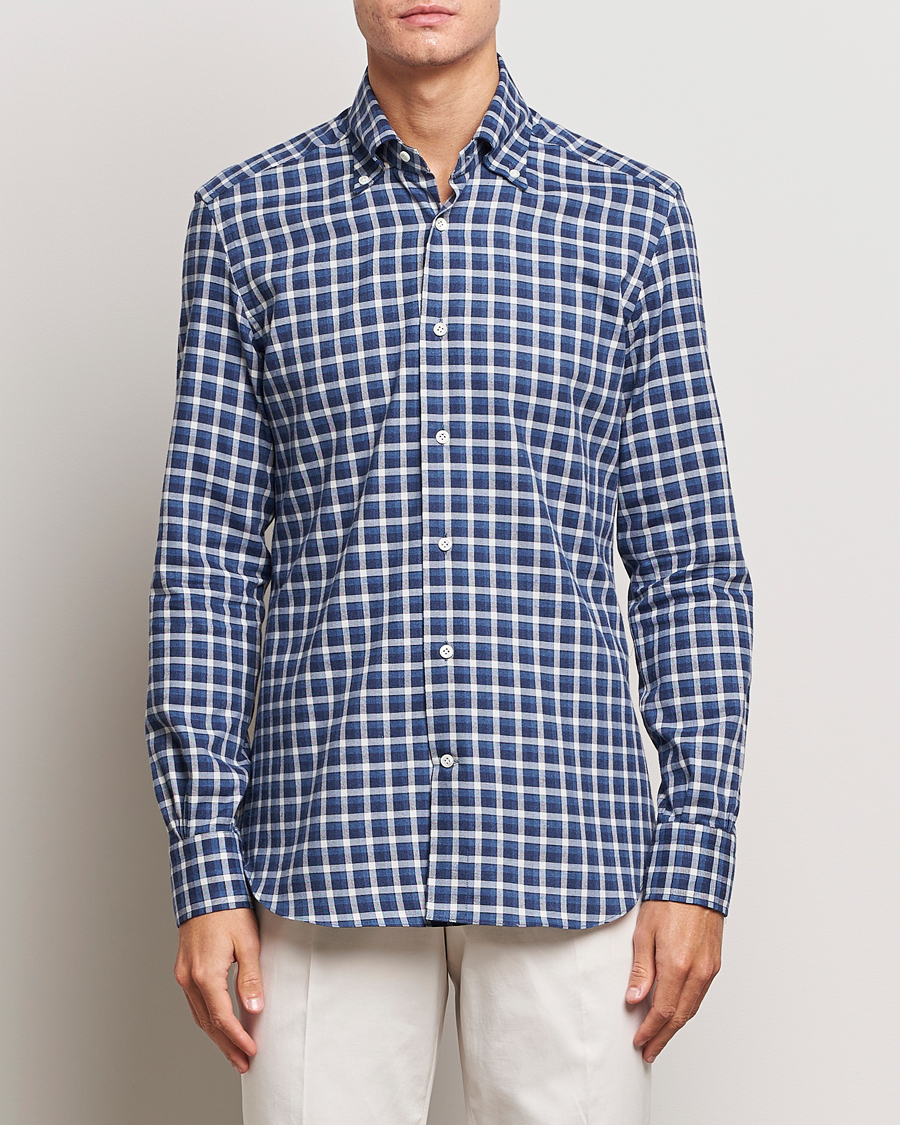 Herren | Hemden | Mazzarelli | Soft Button Down Flannel Shirt Dark Blue