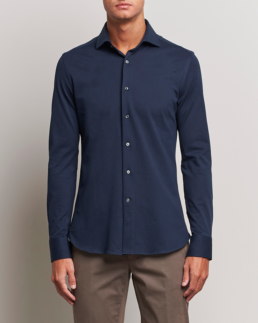 Herren | Quiet Luxury | Canali | Slim Fit Pique Shirt Navy