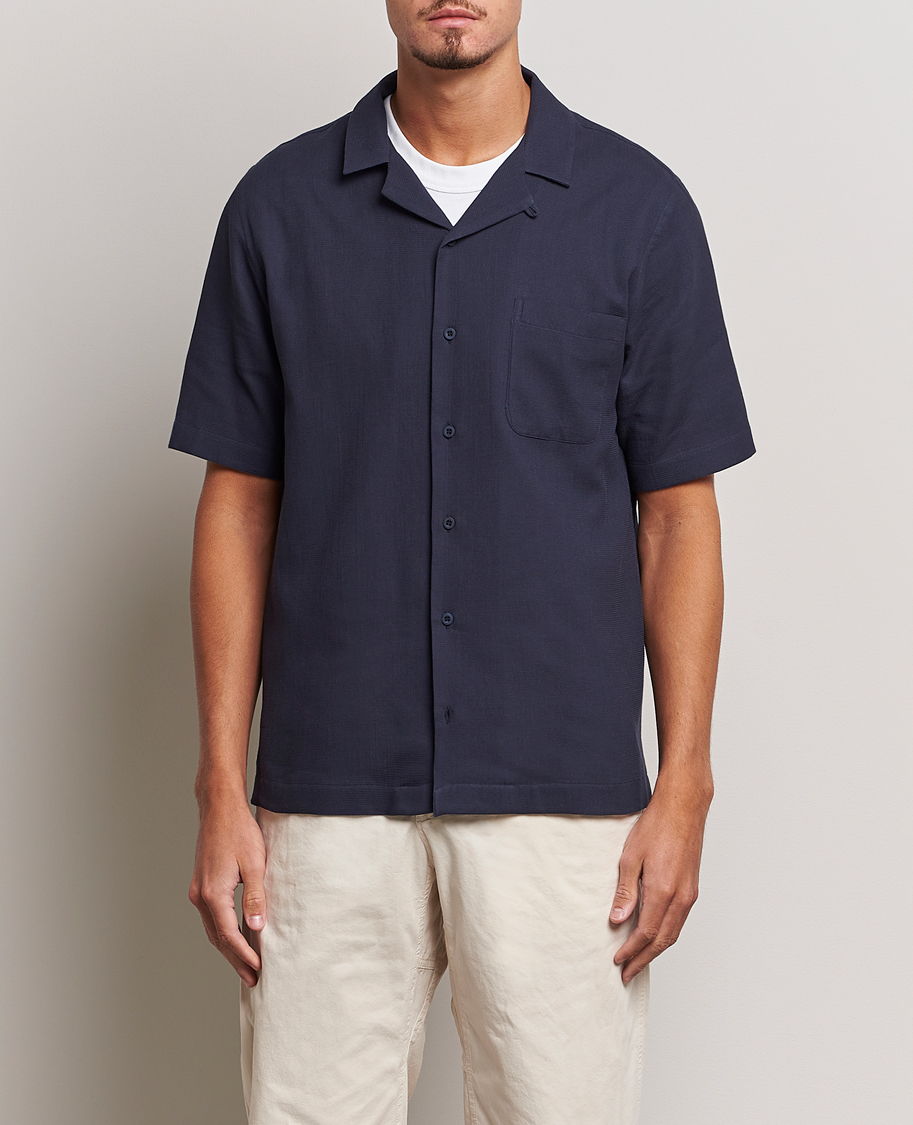 Herren | Hemden | Sunspel | Waffle Camp Collar Shirt Navy