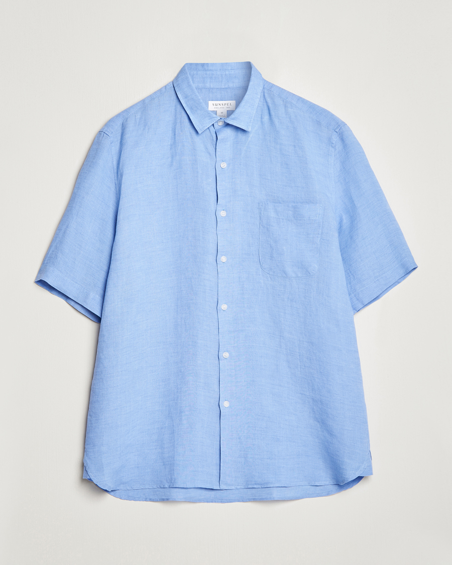 Herren | 30% sale | Sunspel | Short Sleeve Linen Shirt Cool Blue