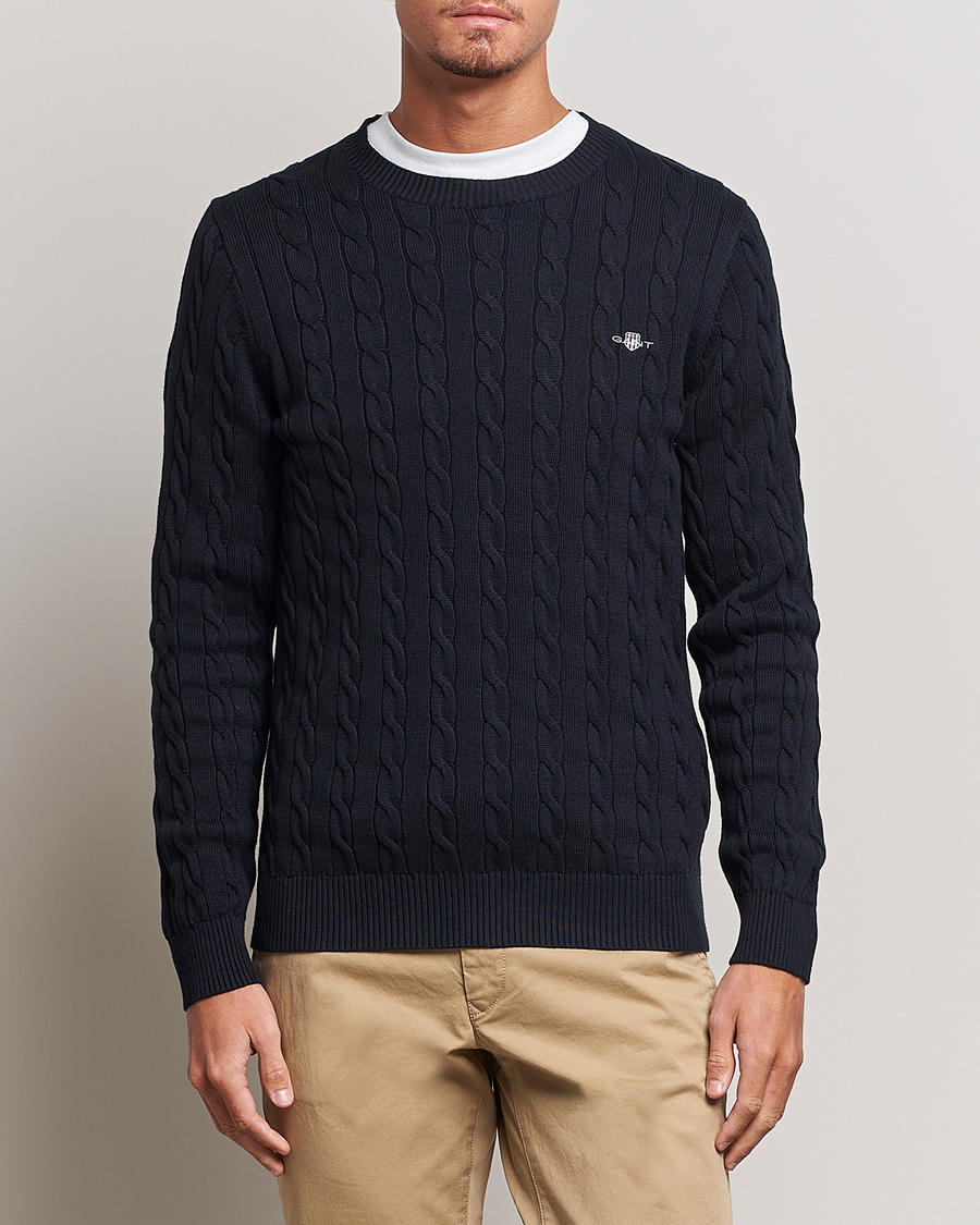 Herren | GANT | GANT | Cotton Cable Crew Neck Pullover Evening Blue