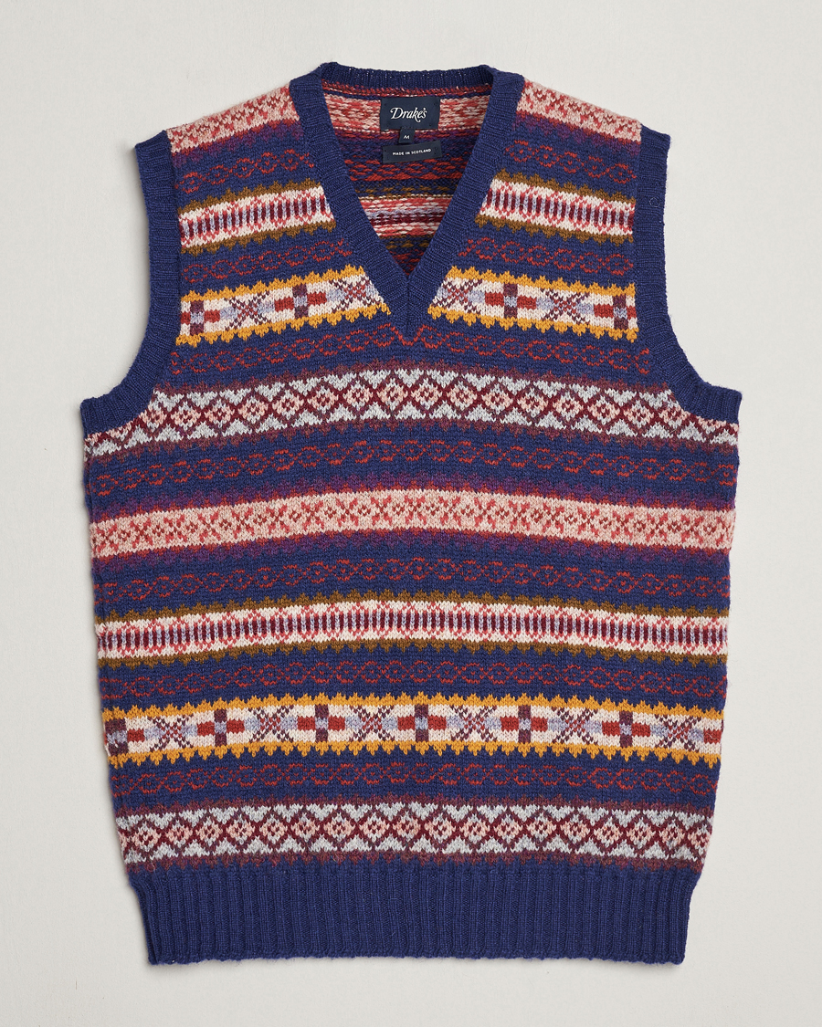 Herren | Weihnachtspullover | Drake's | Fairisle Print Wool Vest Navy