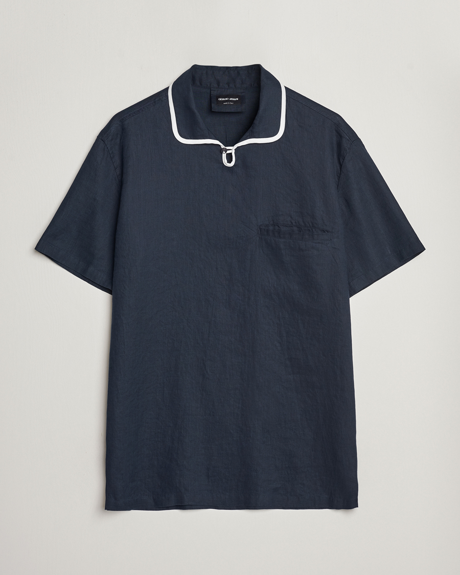 Herren | Hemden | Giorgio Armani | Linen Guru Collar Short Sleeve Shirt Navy