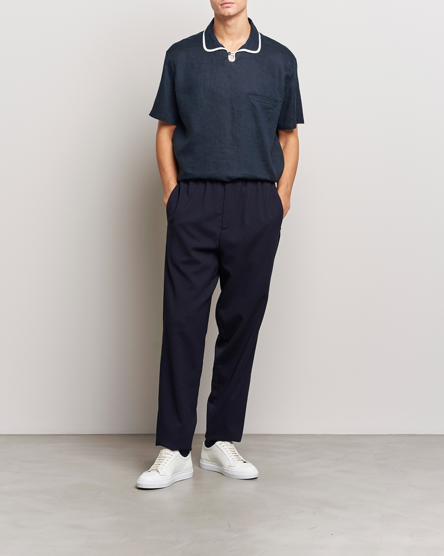 Herren | Hemden | Giorgio Armani | Linen Guru Collar Short Sleeve Shirt Navy