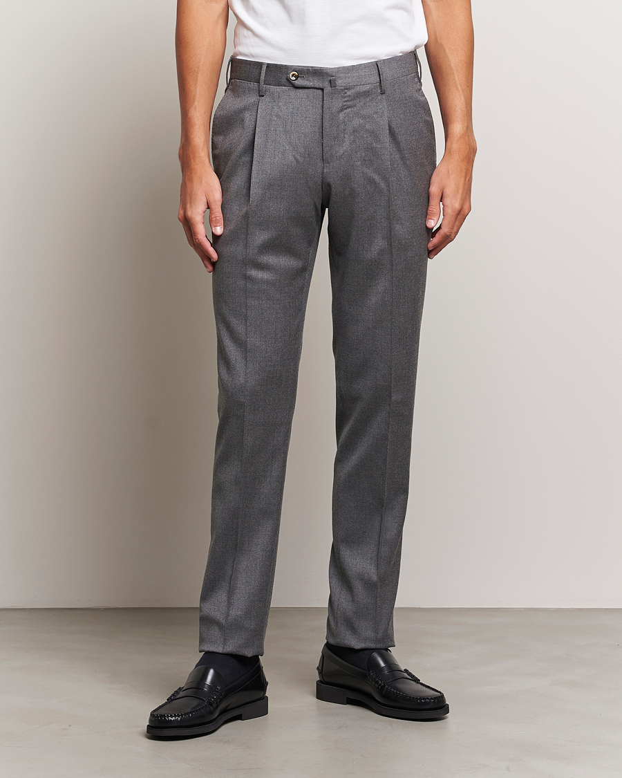 Herren | | PT01 | Slim Fit Pleated Flannel Trousers Grey Melange