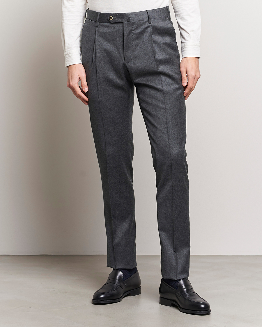 Herren | Hosen | PT01 | Slim Fit Pleated Flannel Trousers Dark Grey