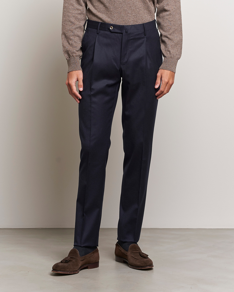 Herren | Flanellhosen | PT01 | Slim Fit Pleated Flannel Trousers Navy