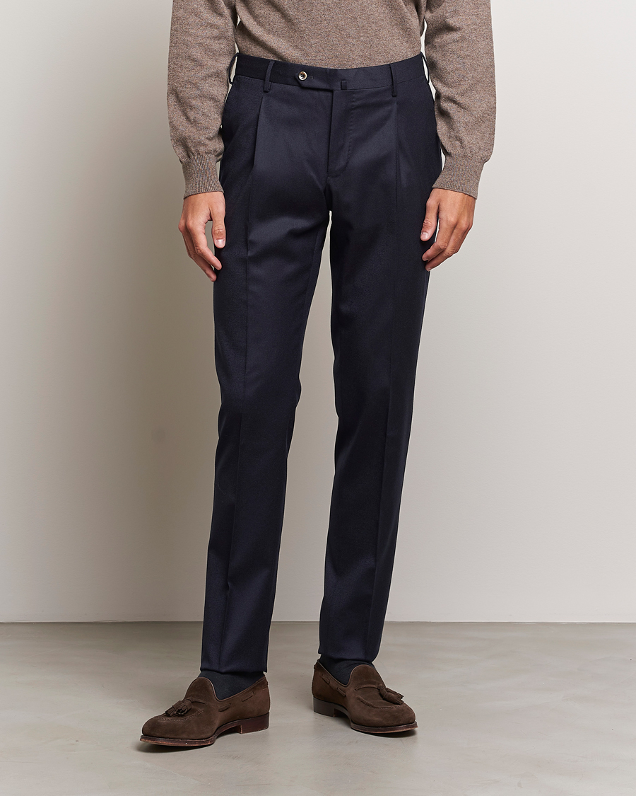 Herren | PT01 | PT01 | Slim Fit Pleated Flannel Trousers Navy