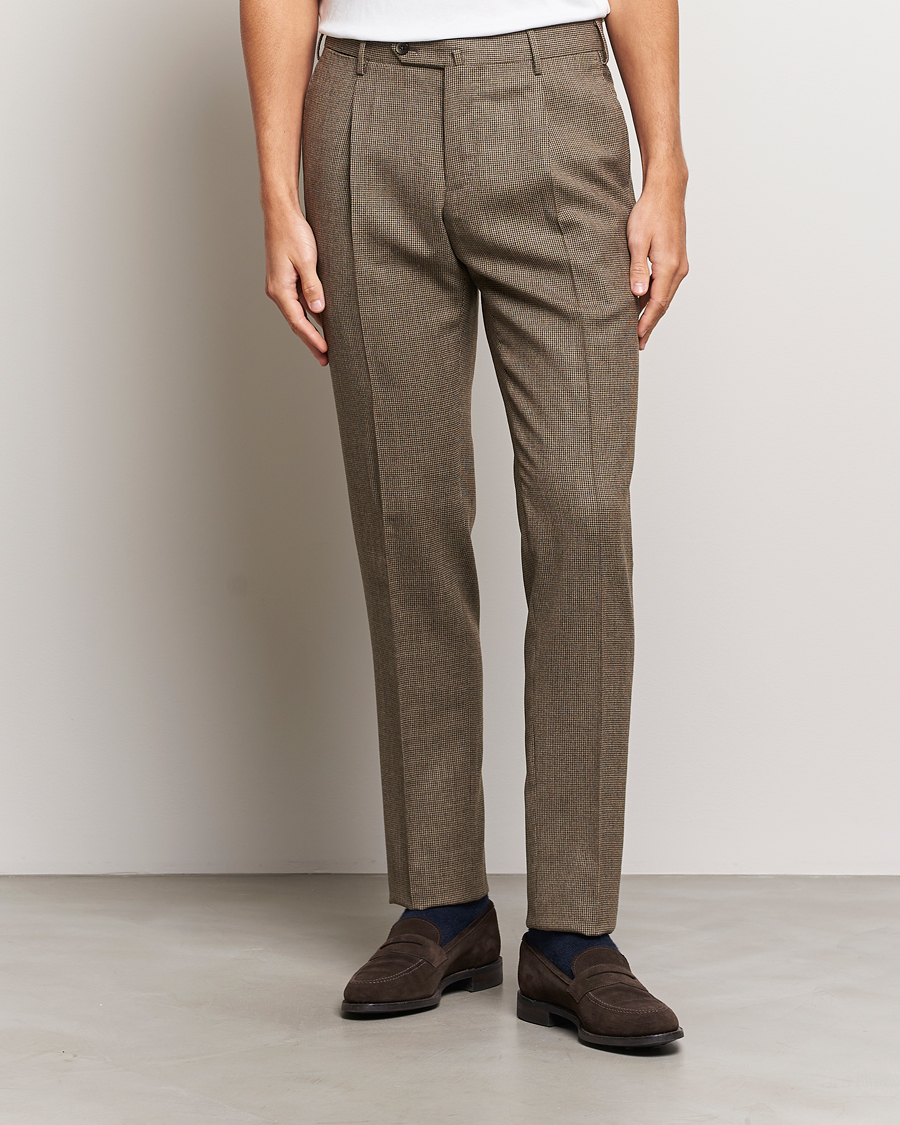 Herren | PT01 | PT01 | Slim Fit Pleated Houndstooth Trousers Light Brown