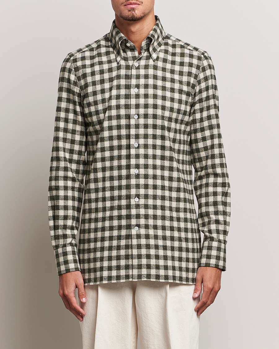 Herren | Freizeithemden | 100Hands | Checked Cotton Flannel Shirt Green Grey