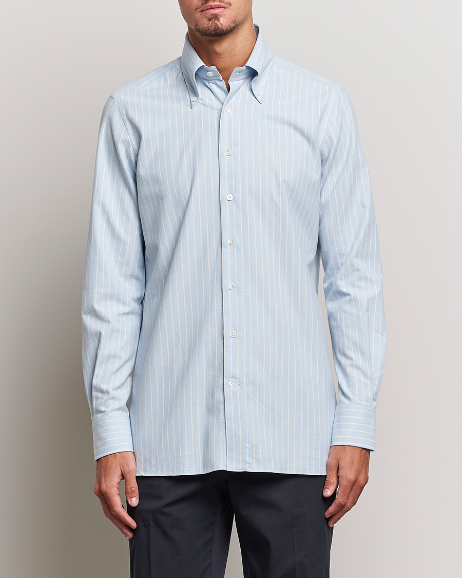 Herren |  | 100Hands | Striped Cotton Flannel Shirt Light Blue