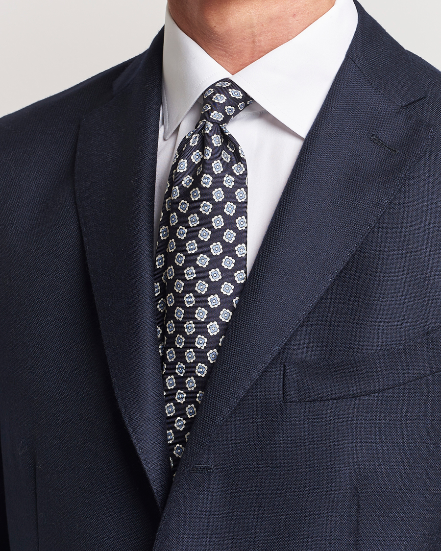 Herren | Kiton Flower Print Silk Tie Navy | Kiton | Flower Print Silk Tie Navy