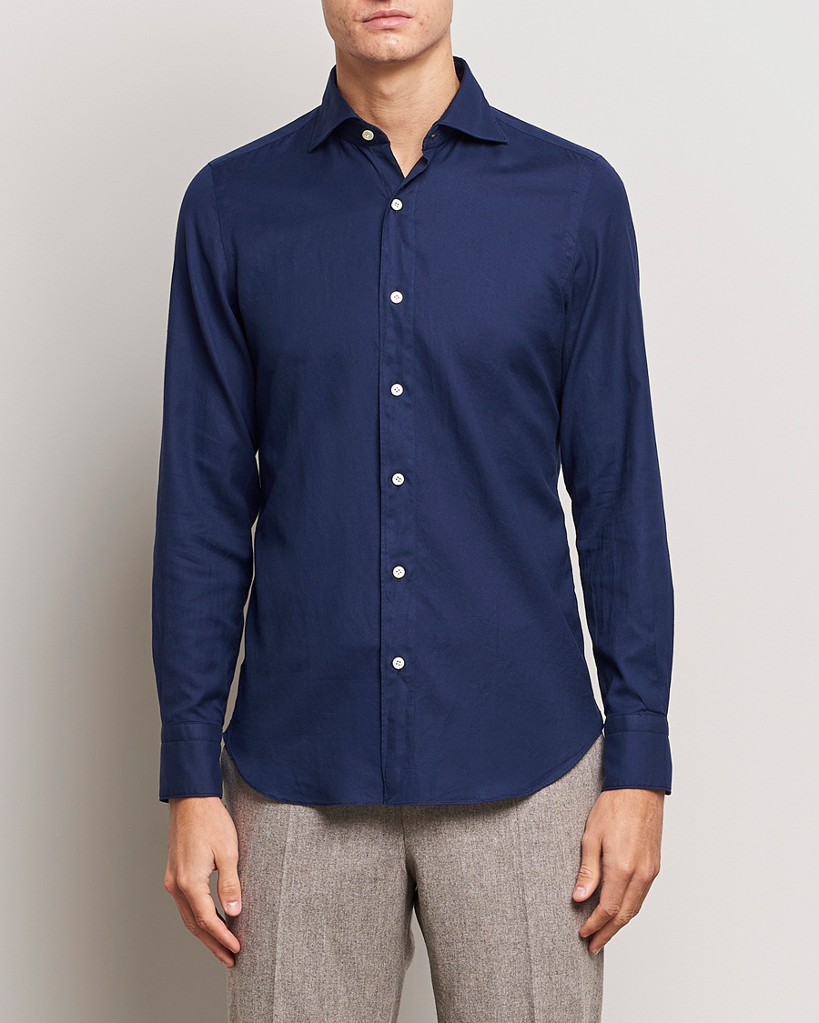 Herren | Freizeithemden | Finamore Napoli | Tokyo Slim Flannel Shirt Navy
