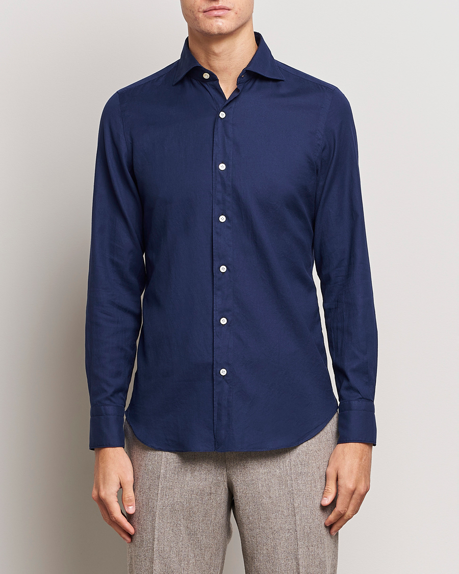 Herren | Flannellhemden | Finamore Napoli | Tokyo Slim Flannel Shirt Navy