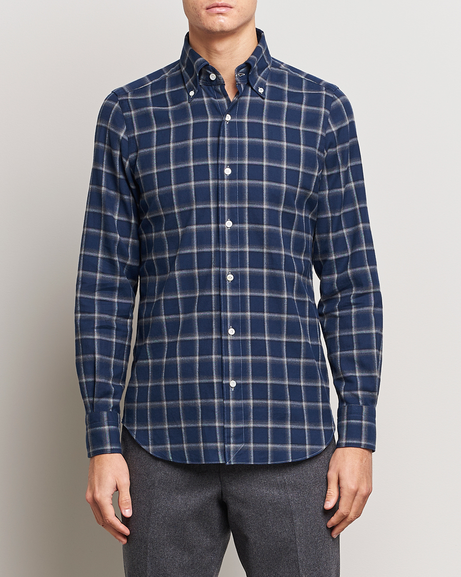 Herren | Hemden | Finamore Napoli | Tokyo Slim Flannel Button Down Shirt Navy Check