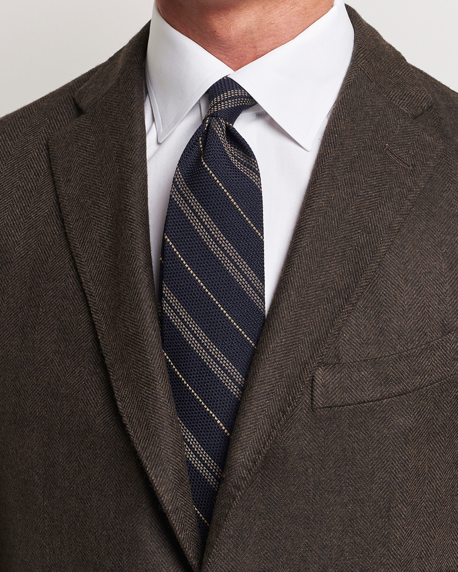 Herren | Finamore Napoli Regimental Grenadine Silk Tie Navy/Brown | Finamore Napoli | Regimental Grenadine Silk Tie Navy/Brown