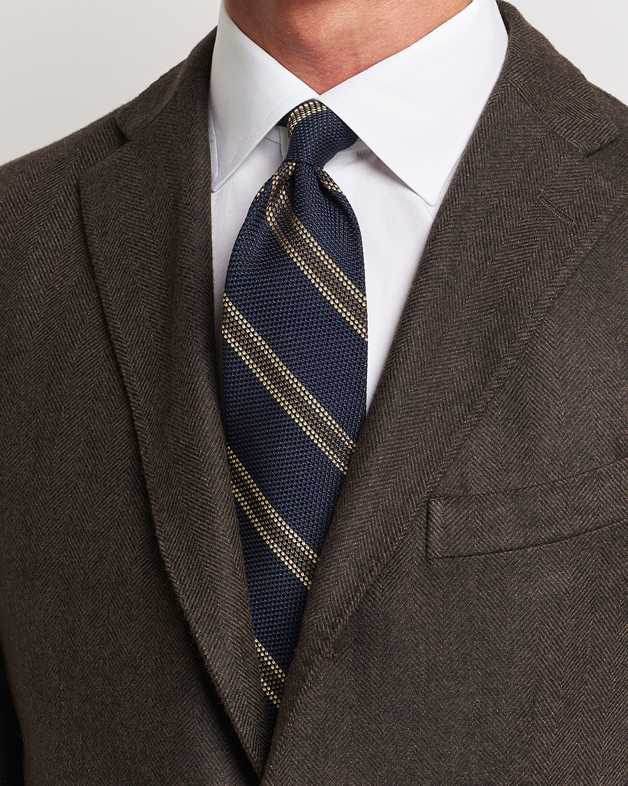 Herren | Finamore Napoli Regimental Grenadine Silk Tie Navy/Brown | Finamore Napoli | Regimental Grenadine Silk Tie Navy/Brown